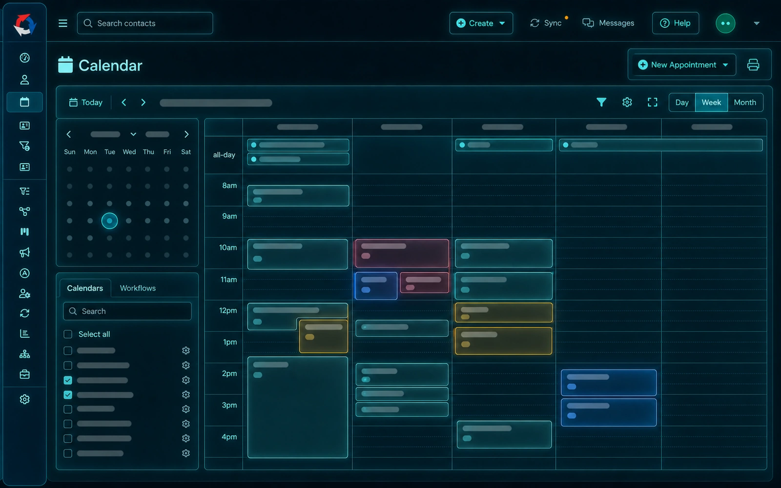 The Swivel calendar: appointments, tasks, and seminar events on one schedule, with two-way sync to your external calendar.