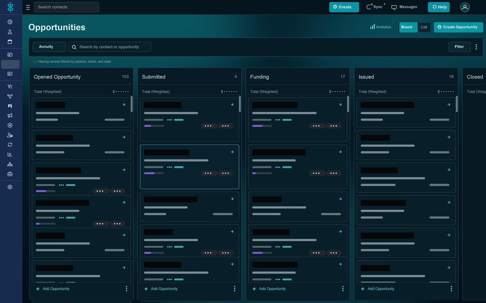 A Swivel sales pipeline: opportunities moving across stages on a Kanban board with weighted forecasting and stage-conversion analytics.