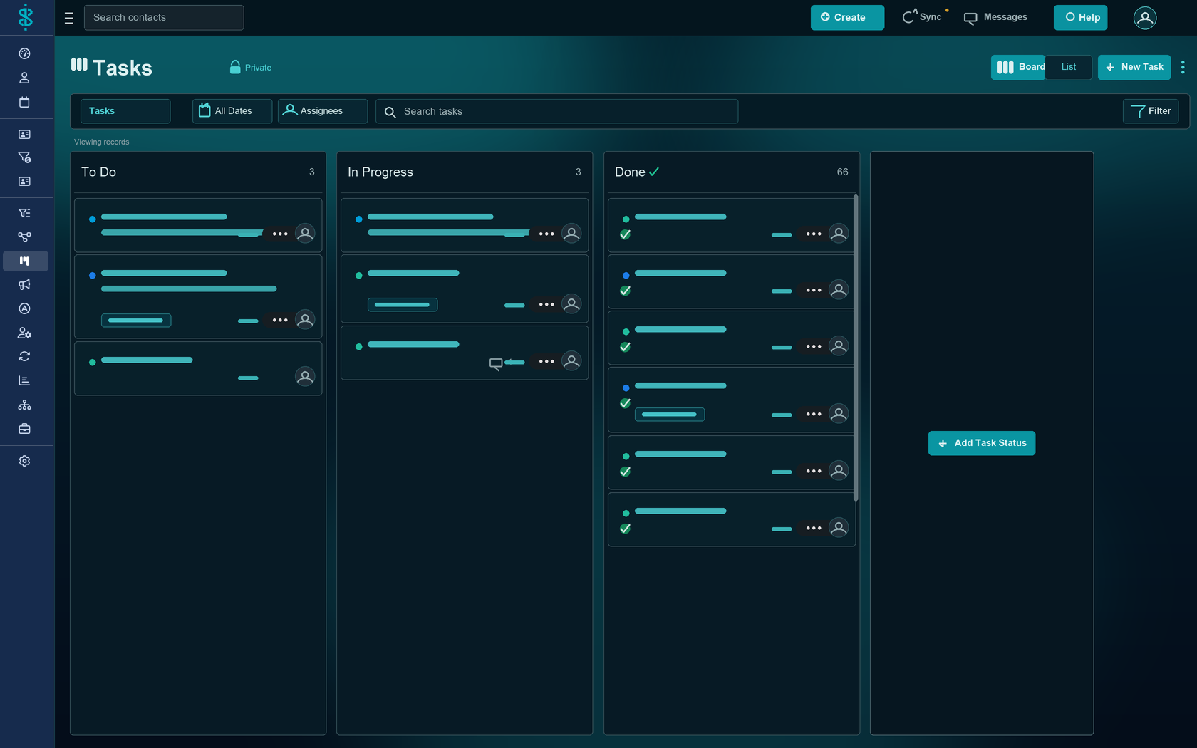 A Swivel task board: cards across custom statuses, assigned to teammates with due dates and linked to the client and policy.